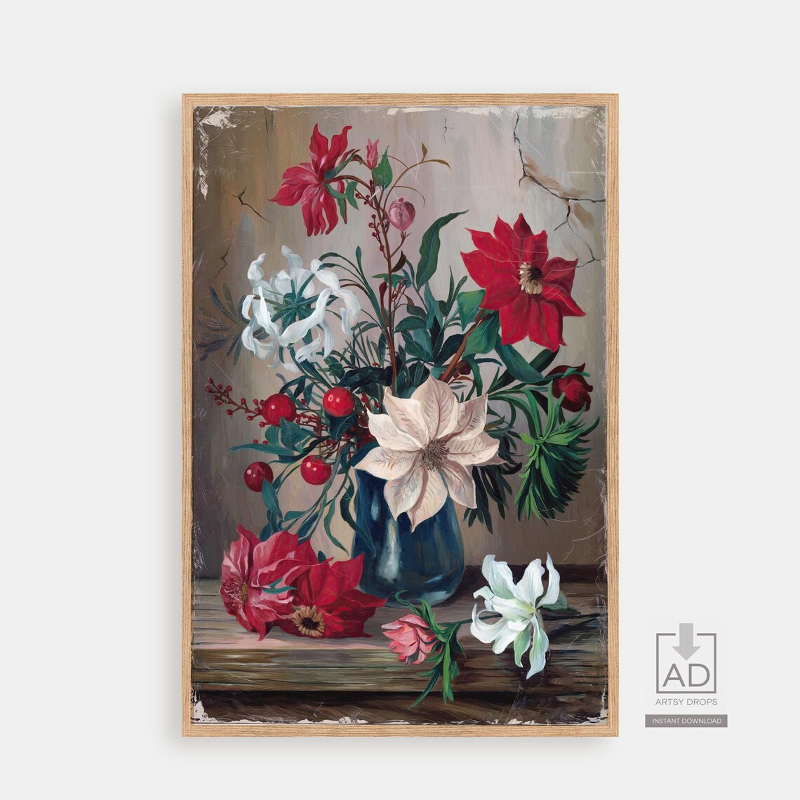 Vintage Red White Floral Bouquet Blue Vase Still Life Poster