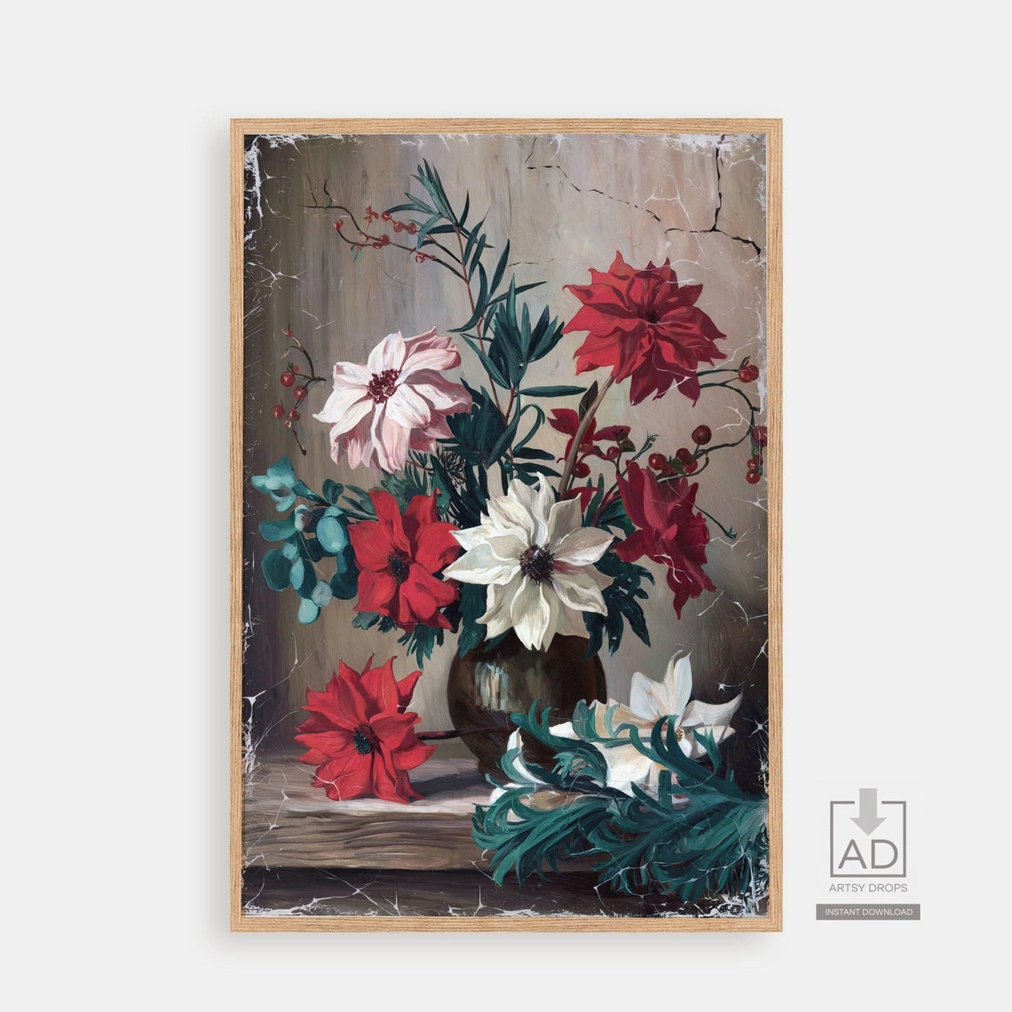 Vintage Crackled Red White Blossoms Vase Still Life Rustic Poster