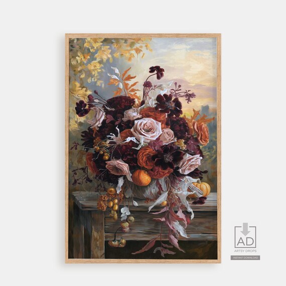 Burgundy Roses Fall Harvest Pumpkin Painterly Rustic Table Art Poster