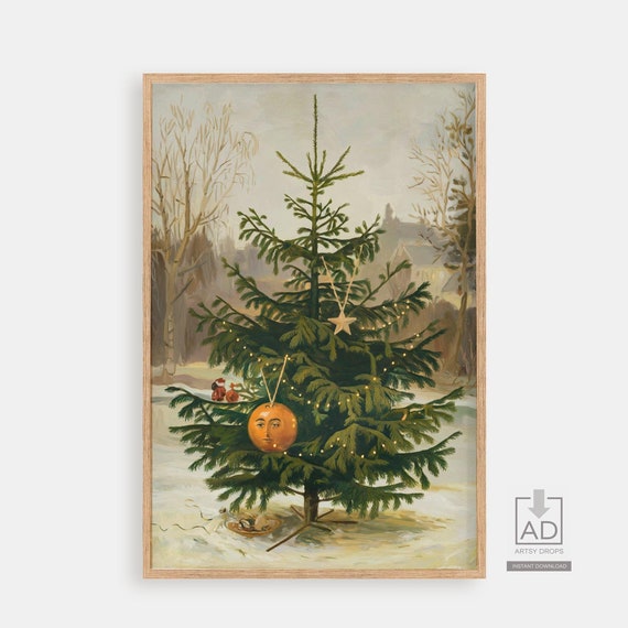 Christmas Tree Art Festive Holiday Illustration Vintage Style Print Decor Poster Instant