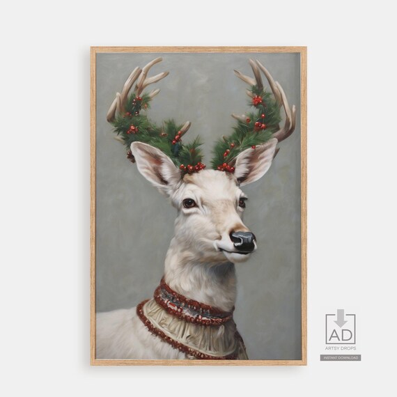 White Deer Holly Antlers Winter Holiday Portrait Elegant Poster