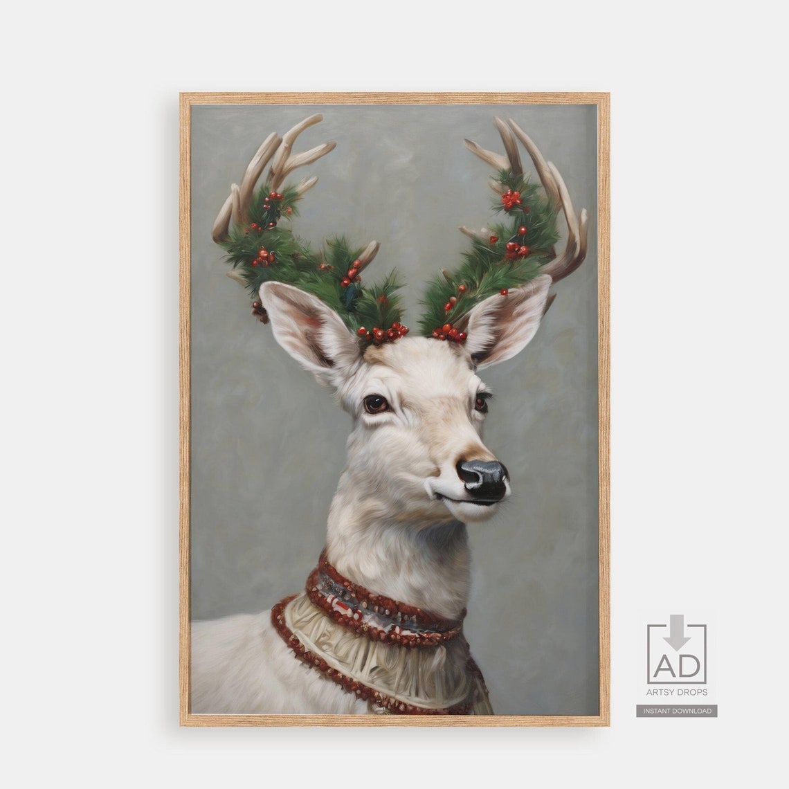 White Deer Holly Antlers Winter Holiday Portrait Elegant Poster