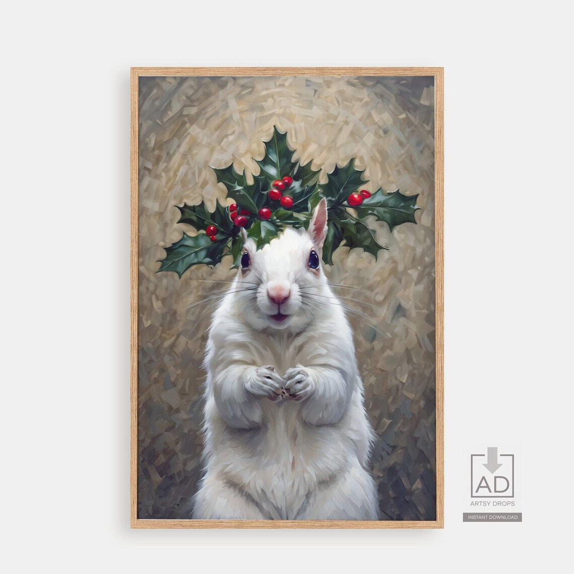 White Squirrel Holly Crown Winter Woodland Portrait Sweet Poster