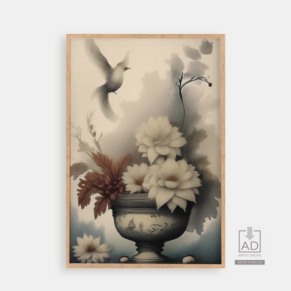 Vintage Floral Art Print Antique Botanical Illustration Classic Nature Poster Elegant Wall Decor Artwork