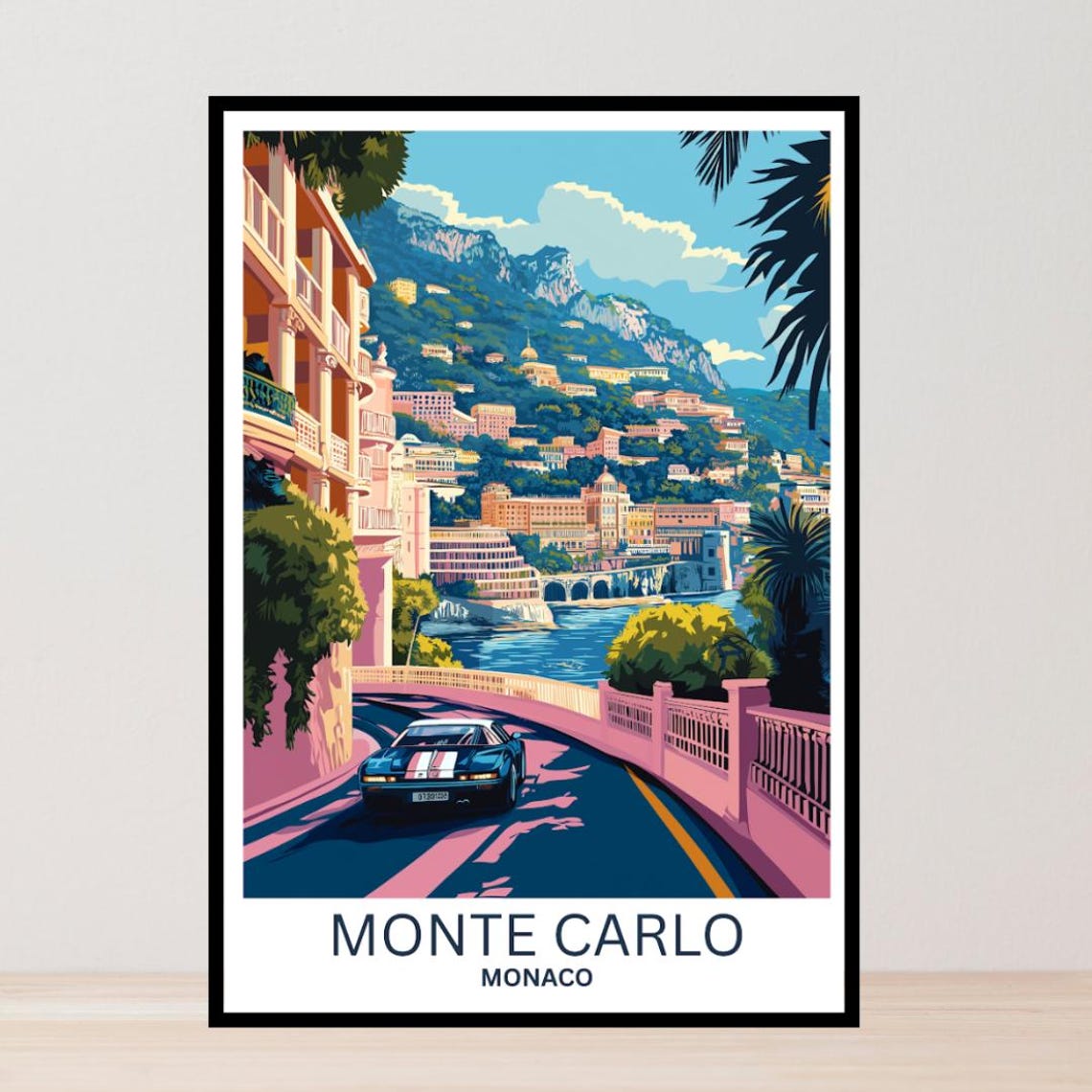 Monte Carlo Monaco Winding Road Classic Car Hillside City Poster