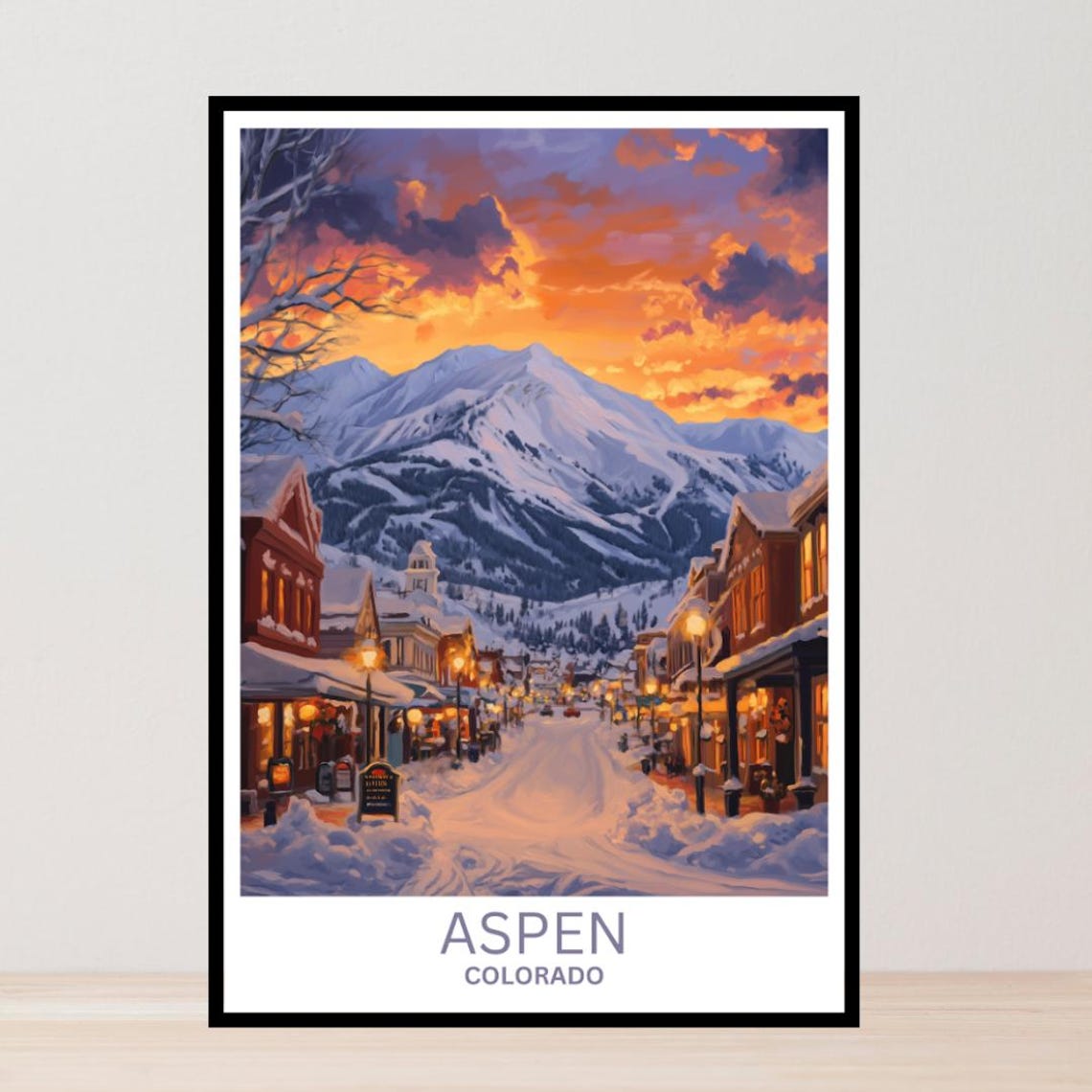 Aspen Colorado Snowy Mountain Town Glowing Sunset Winter Poster