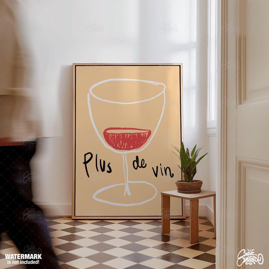Plus De Vin French Wine Glass Minimal Line Kitchen Bar Poster - Image 2