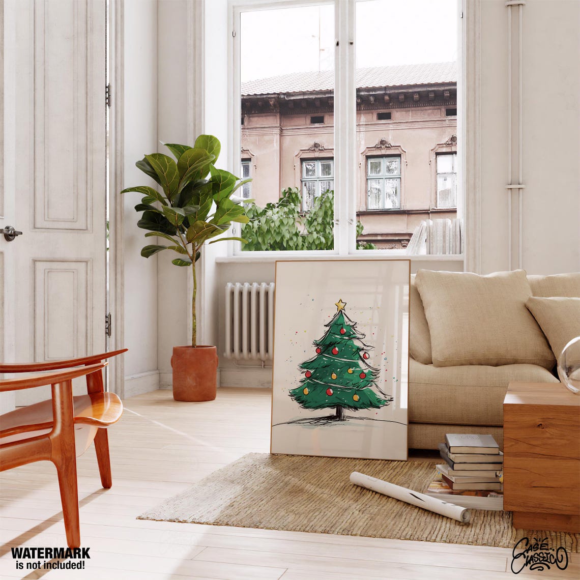 Whimsical Hand Drawn Green Christmas Tree with Gold Star Poster - Image 4