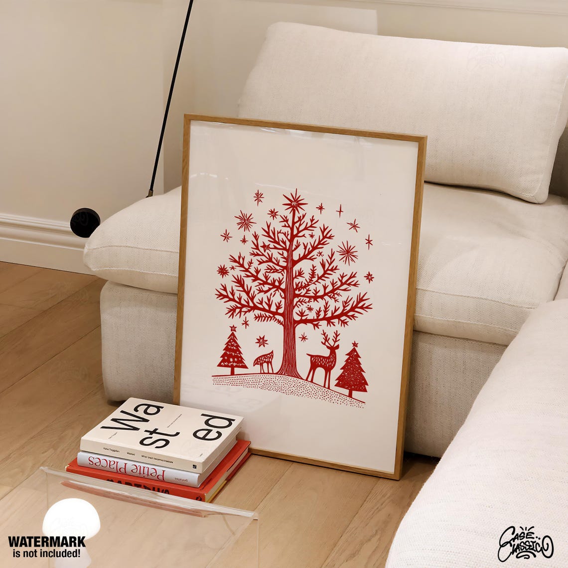 Red Scandinavian Folk Art Christmas Tree with Reindeer Poster - Image 4