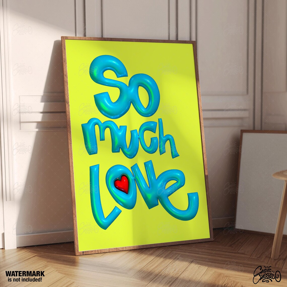 So Much Love 3D Bubble Blue Letters Bright Neon Lime Heart Poster - Image 2