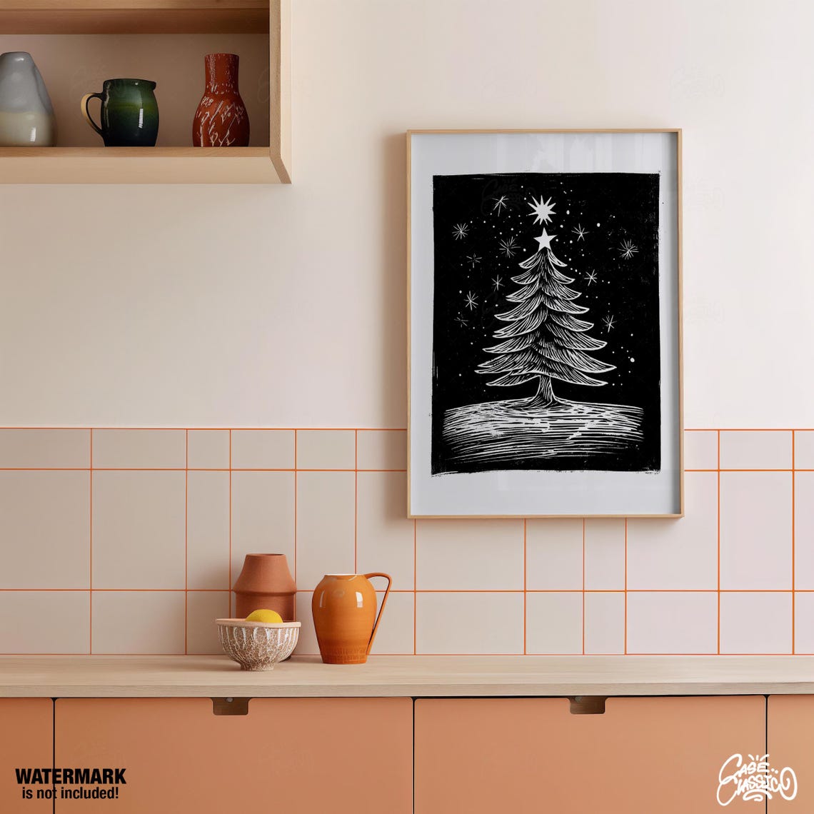 Black and White Christmas Tree Linocut Starry Night Art Print - Image 2