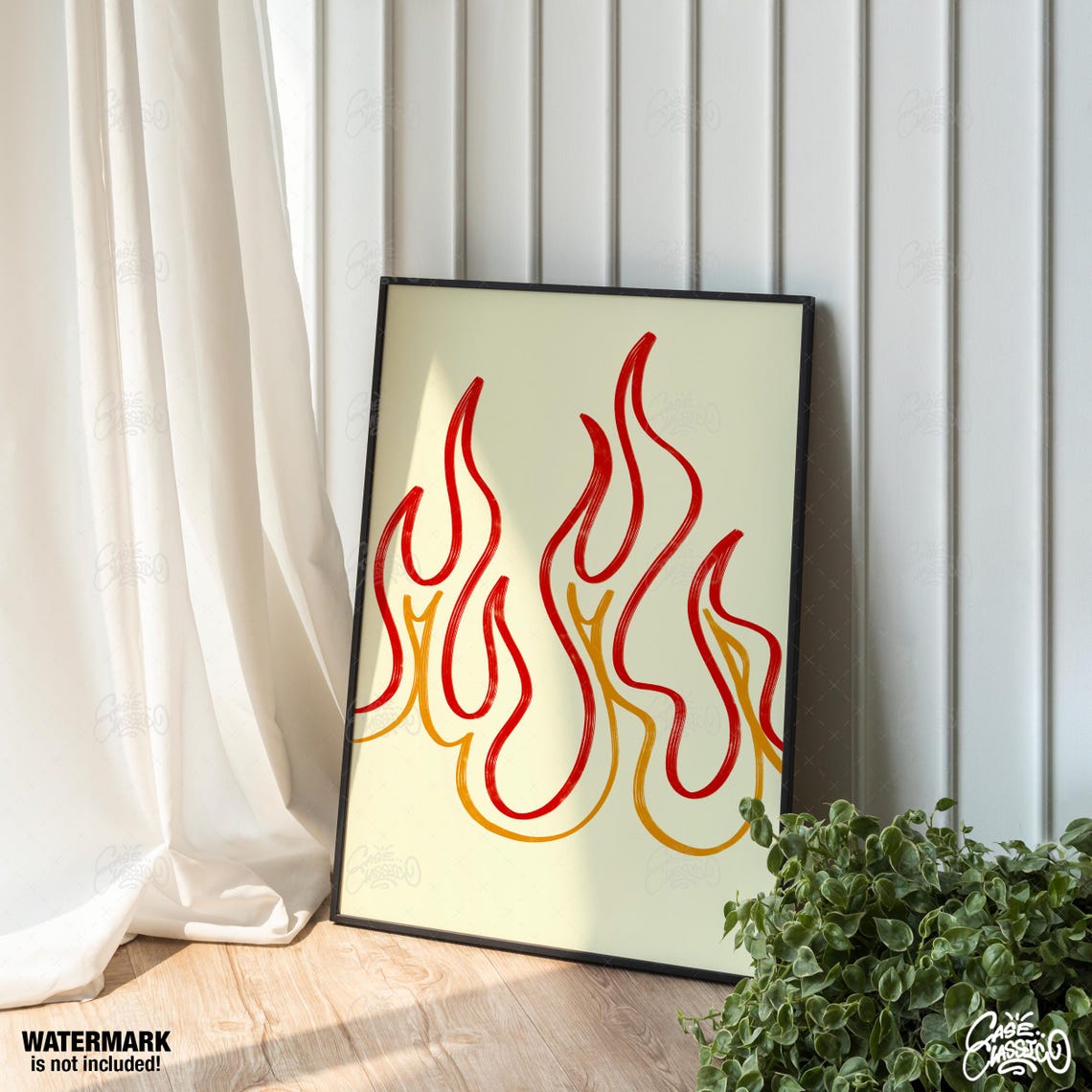 Red Orange Flame Line Art Modern Minimalist Fire Wall Poster - Image 3