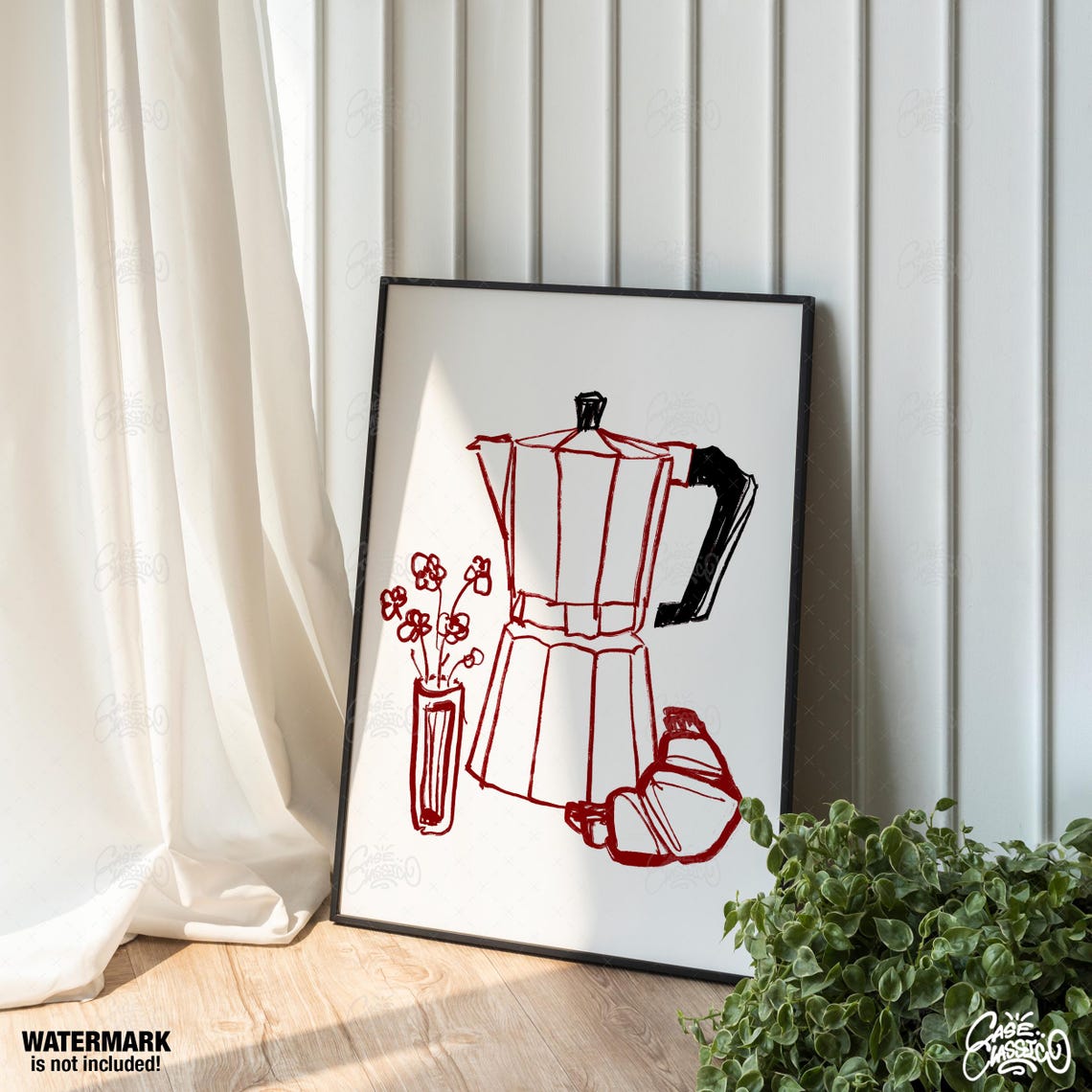 Red Line Art Moka Pot Croissant Cafe Kitchen Wall Decor Print - Image 4