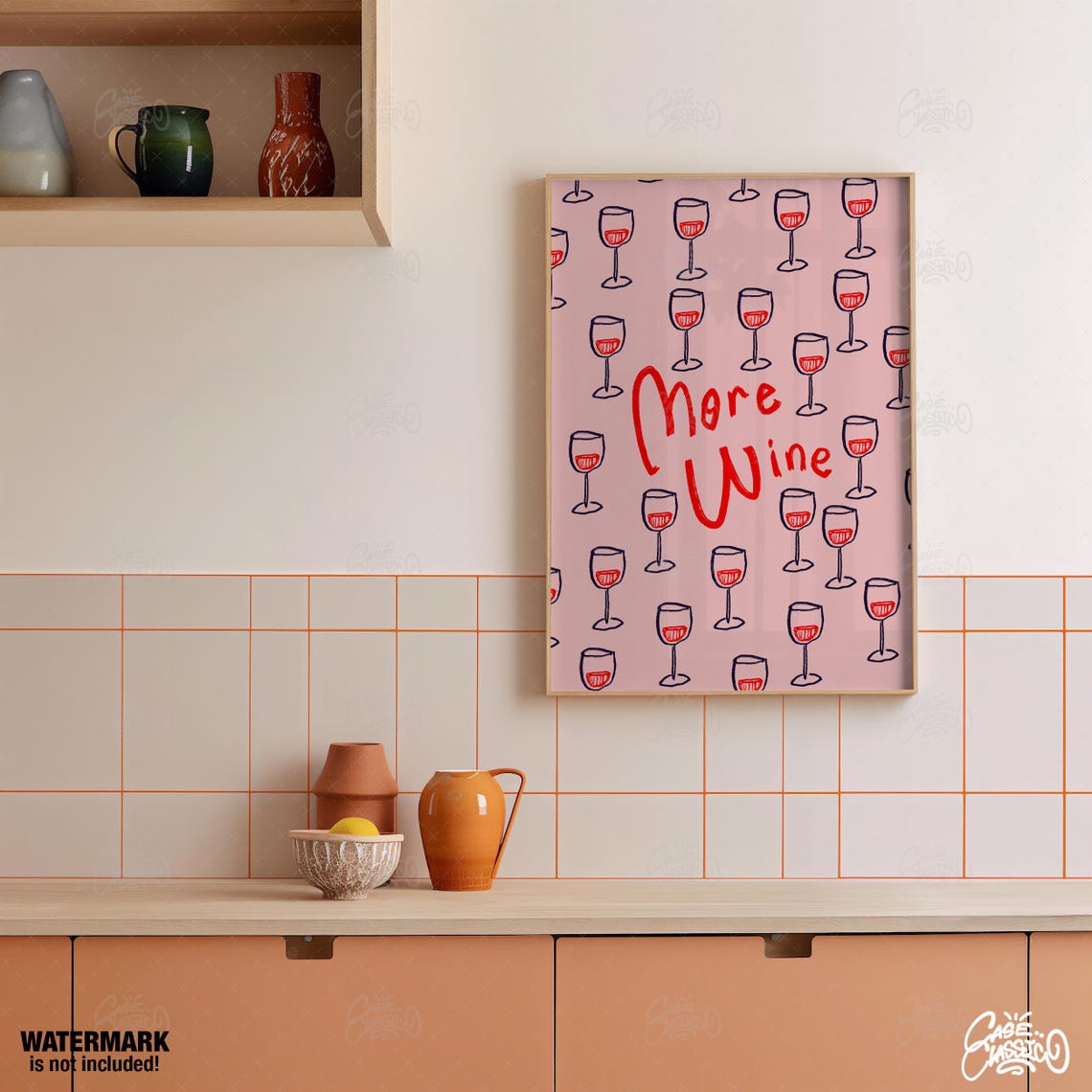 More Wine Script Poster With Pink Wine Glass Pattern on Blush - Image 2