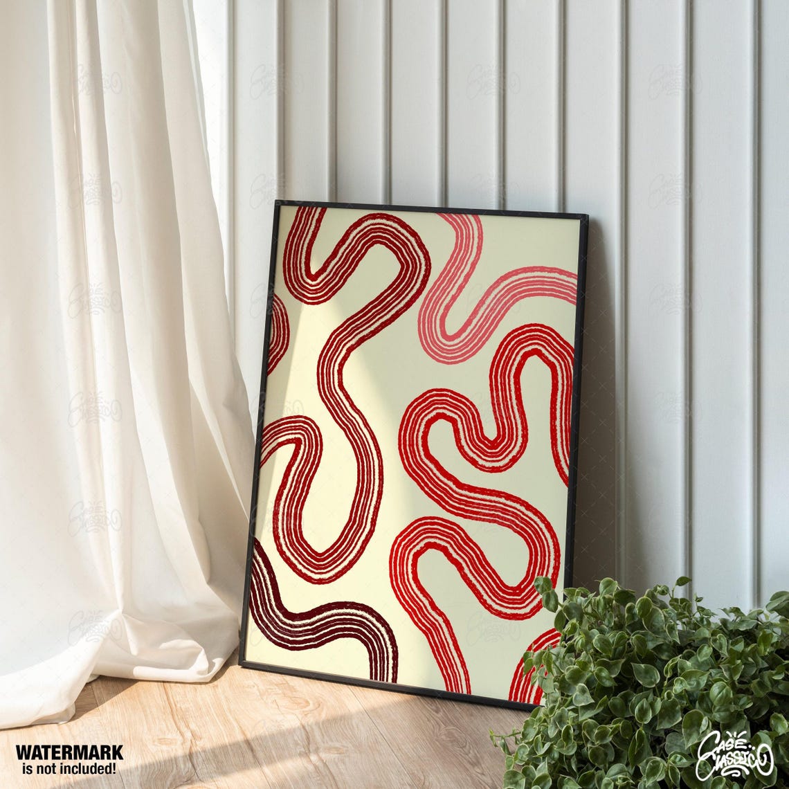 Red Abstract Squiggle Lines Minimalist Modern Art Poster For Decor