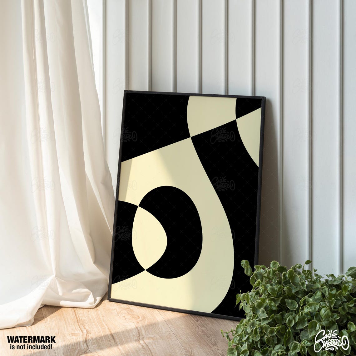Black and Cream Wavy Checkerboard Abstract Modern Art Poster - Image 4