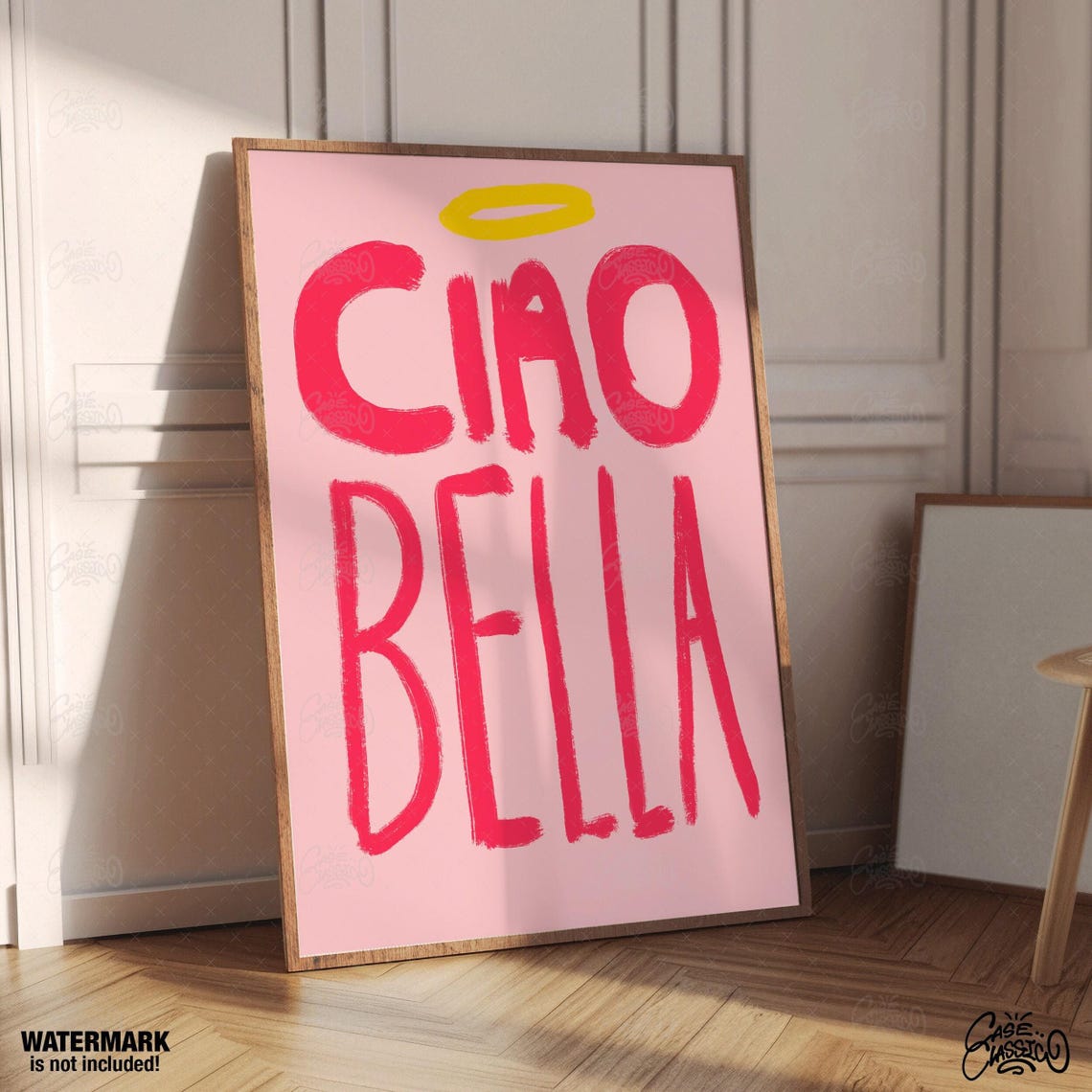 Ciao Bella Pink Angel Halo Brush Letter Italian Greeting Poster