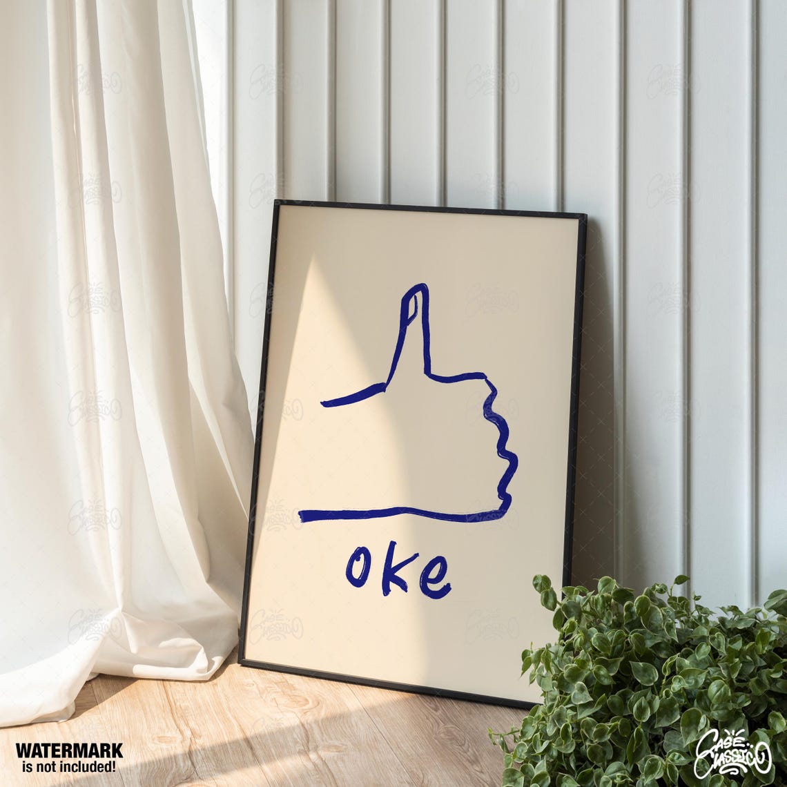 Oke Blue Minimalist Line Art Thumbs Up Hand Drawn Funny Wall Art - Image 4