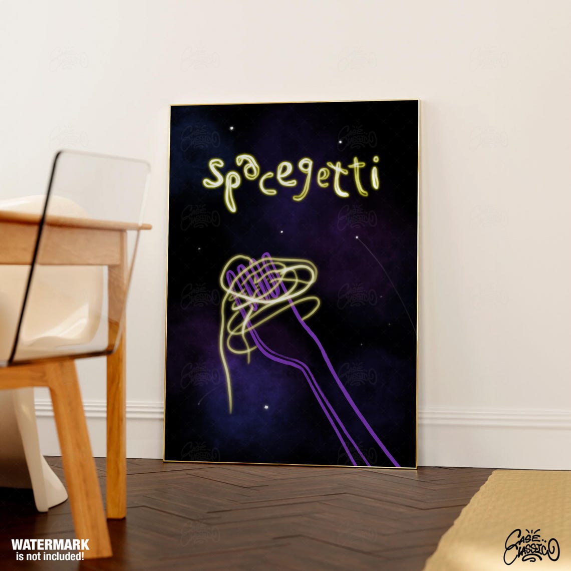 Neon Spacegetti Spaghetti Poster With Glowing Noodle Fork Art