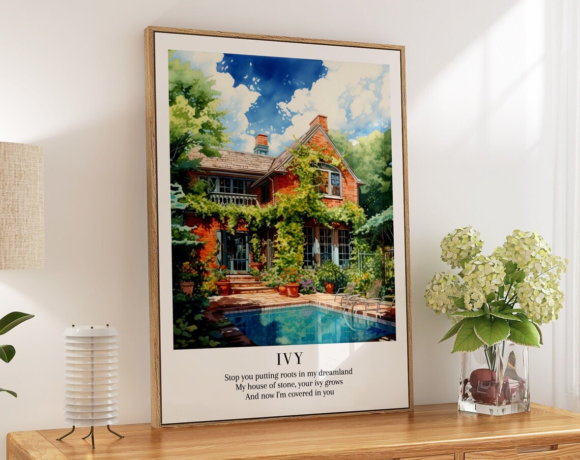 Ivy Taylor Swift Evermore Watercolor Brick House Pool Garden Print