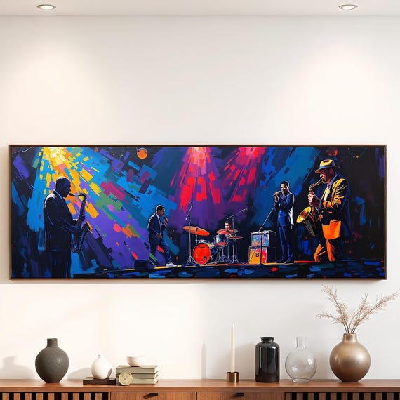 Jazz Band Panoramic Wall Art Colorful Music Painting Vibrant Saxophone Live Performance Print Modern Musician Decor Ar678
