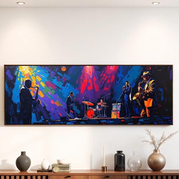 Live Jazz Band on Stage Colorful Nightclub Panoramic Music Poster