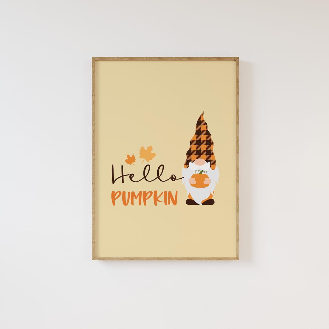 Hello Pumpkin Cute Gnome Buffalo Plaid Cozy Fall Autumn Wall Art