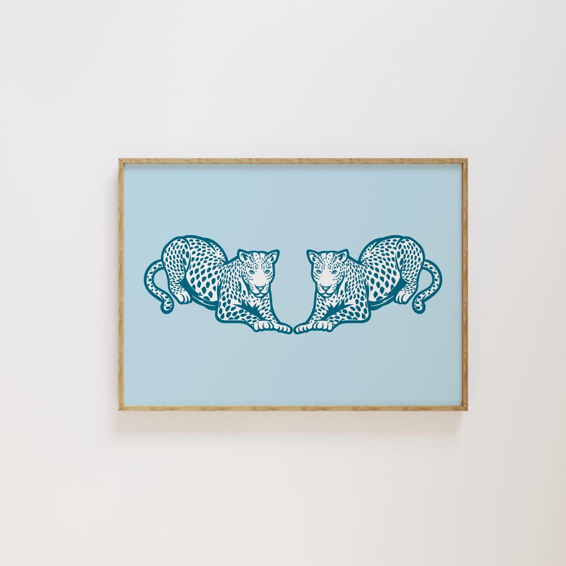 Blue Leopard Duo Facing Pair Preppy Wildlife Horizontal Poster - Image 3