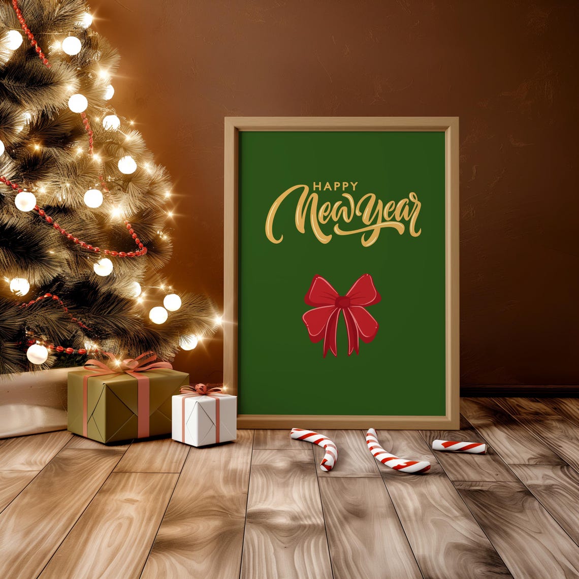 Happy New Year Gold Script On Green Festive Holiday Print Gift - Image 2