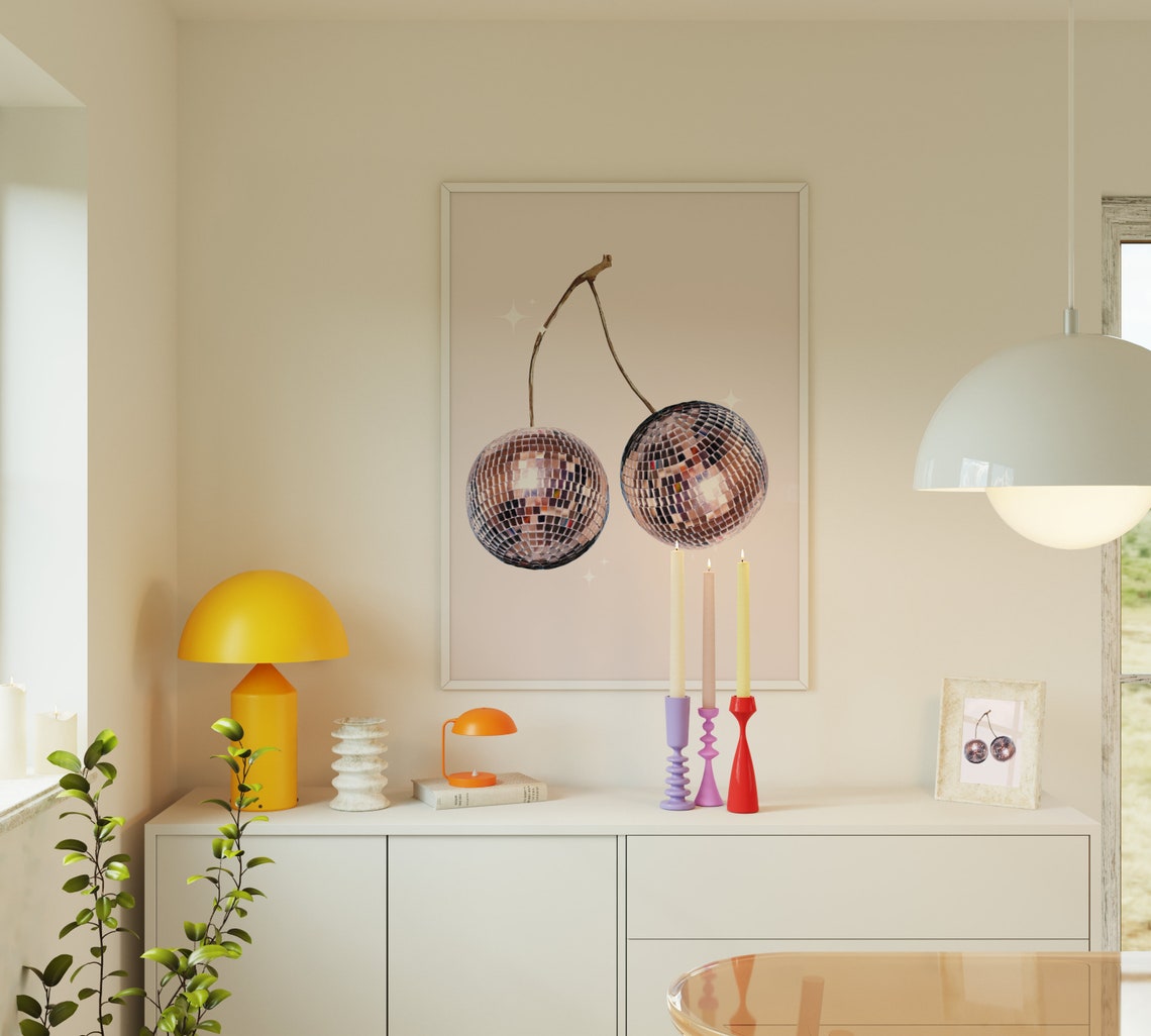 Disco Ball Cherries Retro 70s Funky Sparkling Mirror Ball Wall Art - Image 3