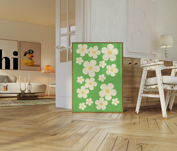 Retro Daisy Pattern Green Cream Cheerful Floral Spring Poster