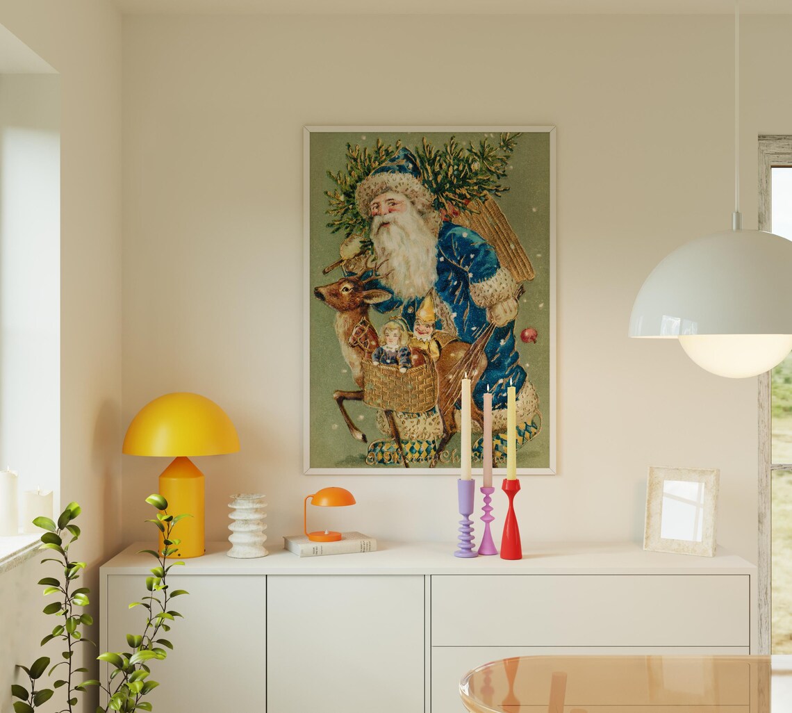 Vintage Santa Claus Blue Coat Reindeer Christmas Merry Poster - Image 2