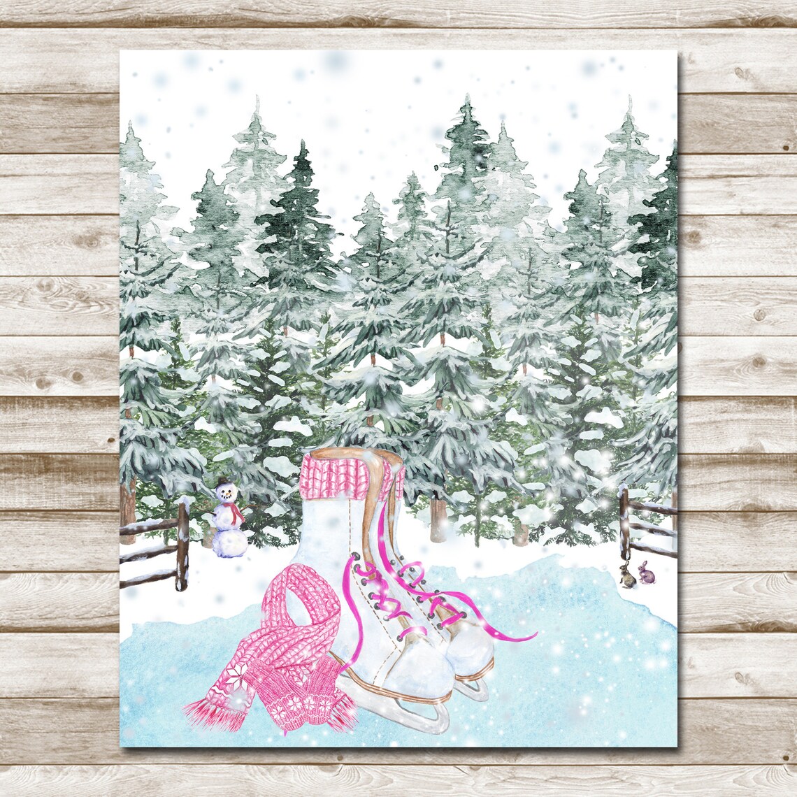 White Ice Skates Pink Scarf Frozen Pond Snowy Pines Winter Watercolor Poster - Image 4