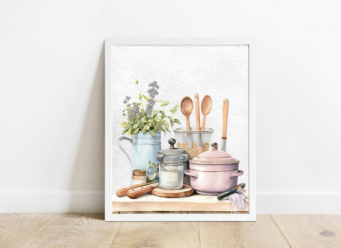 Watercolor Kitchen Still Life Enamelware Pitcher Utensils Home Poster - Image 2