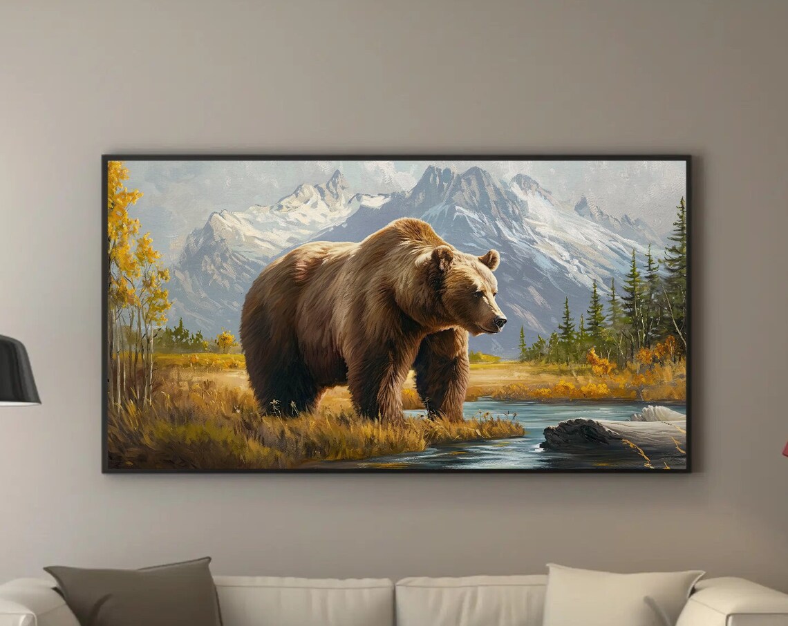 Grizzly Bear By Mountain River In Autumn Rustic Wildlife Art Poster
