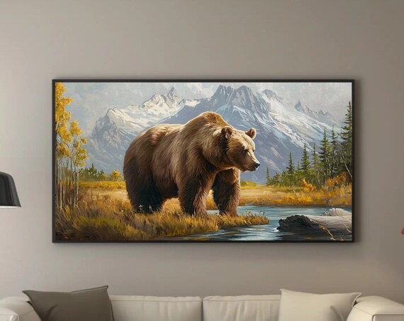 Grizzly Bear By Mountain River In Autumn Rustic Wildlife Art Poster