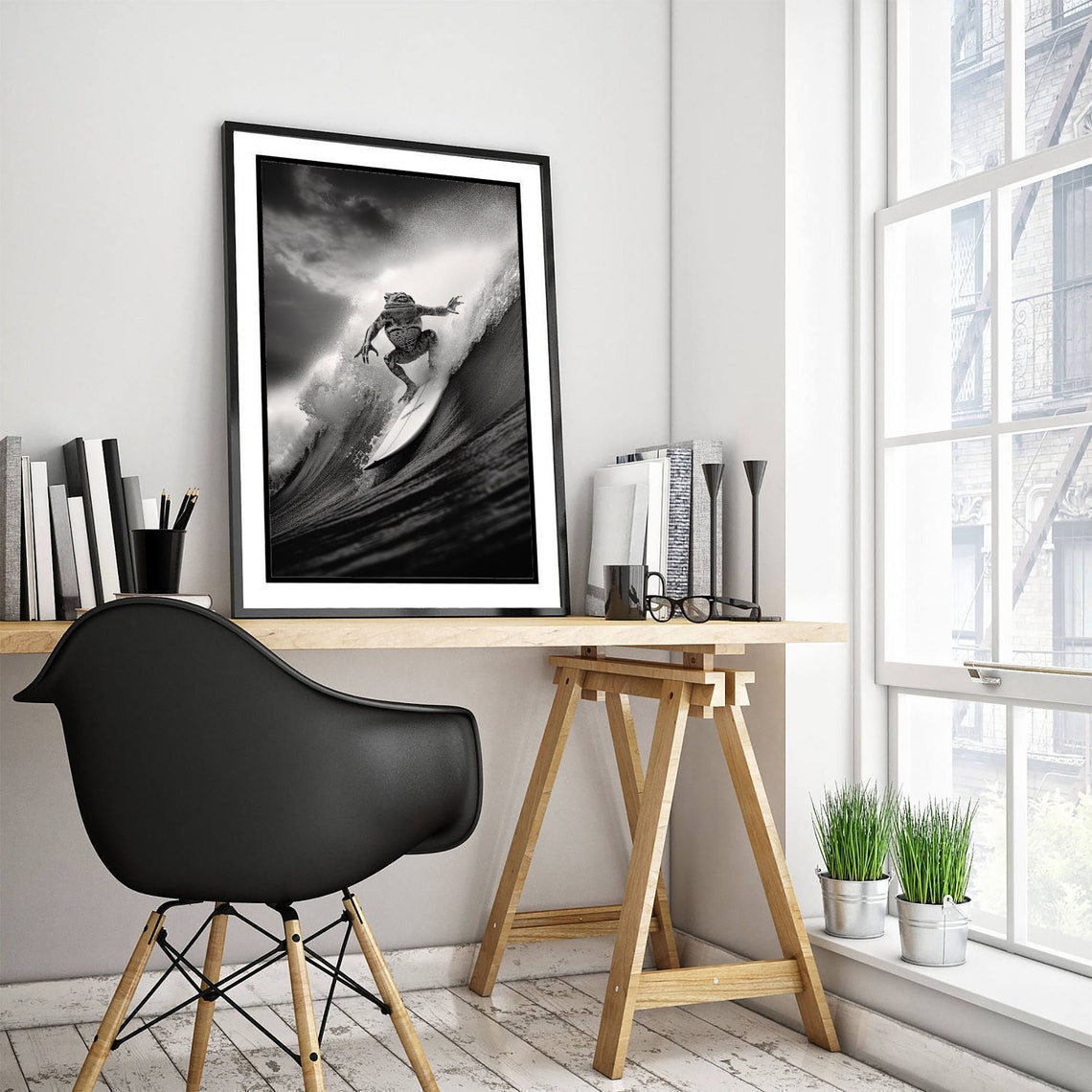 Surfing Frog Riding Ocean Wave Black White Photography Poster - Image 3