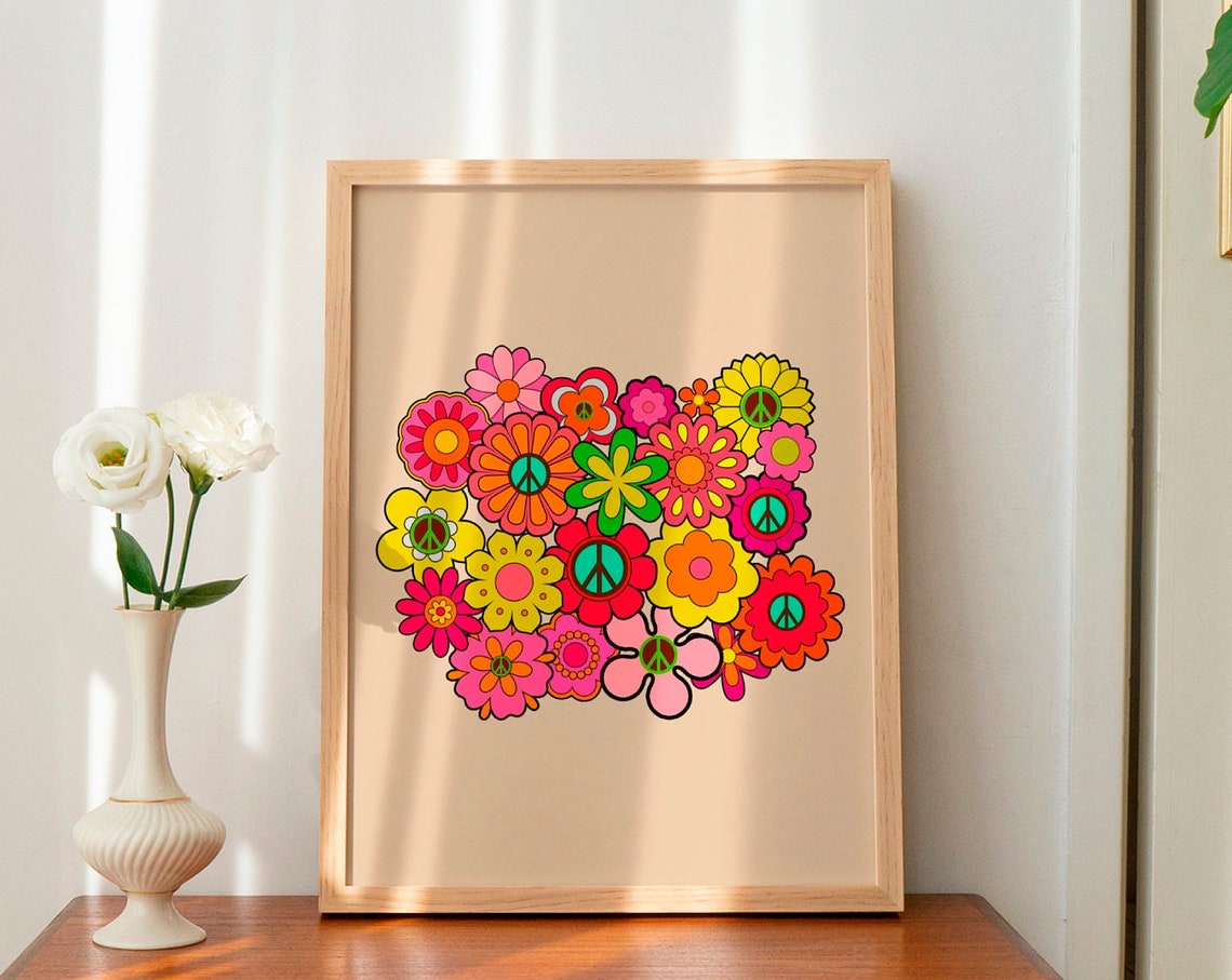 Hippie Peace Flower Bouquet Groovy Colorful Retro Floral Poster - Image 2
