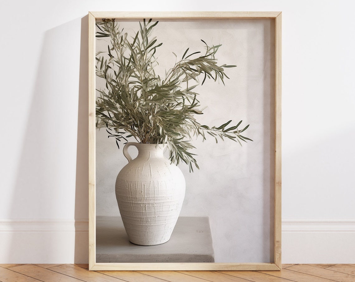 Neutral Olive Branches White Ceramic Vase Still Life Photo Poster