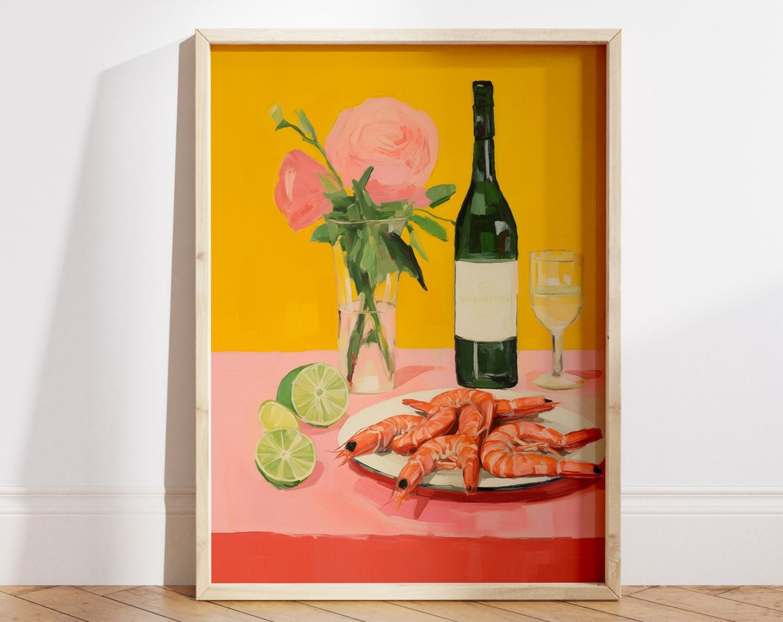 Shrimp Plate Still Life Wine Bottle Roses Eclectic Kitchen Poster