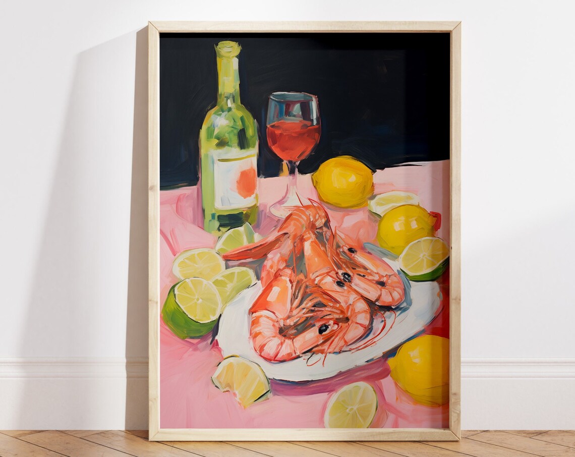 Shrimp Seafood Still Life Wine Lemons Painterly Dining Room Poster