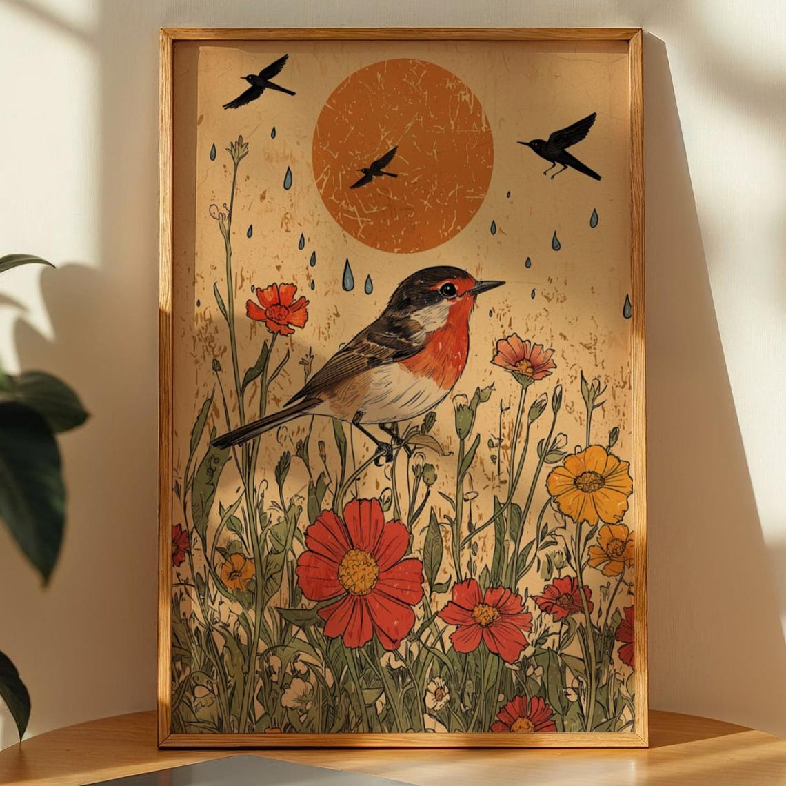 Robin Songbird Folk Art Print Wildflowers Golden Sun Nature Decor