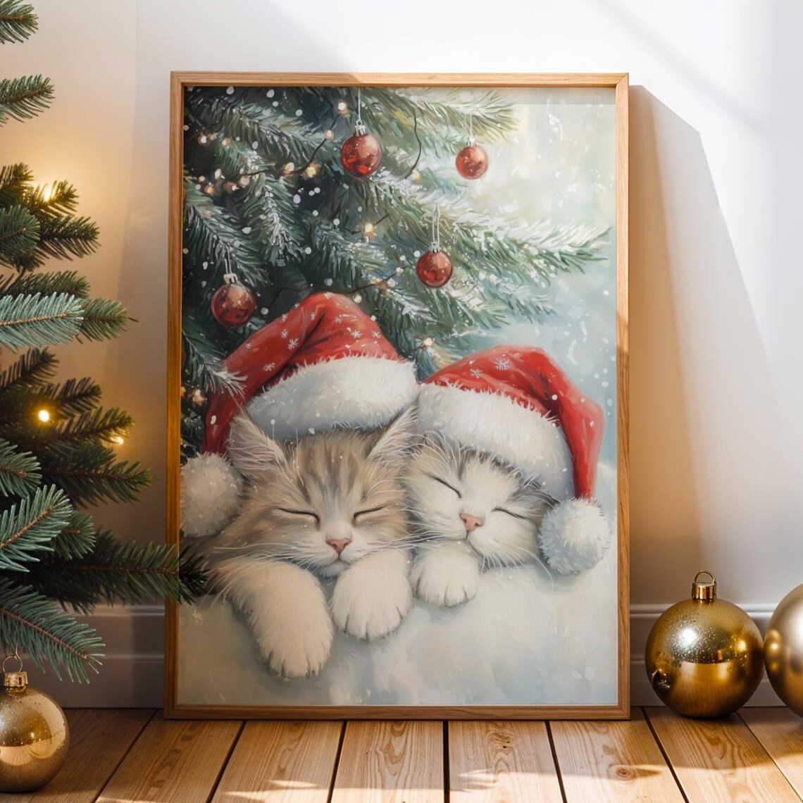 Two Sleeping Kittens in Santa Hats Cute Winter Christmas Wall Art