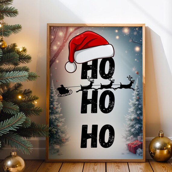 Ho Ho Ho Santa Sleigh Reindeer Christmas Quote Holiday Wall Print