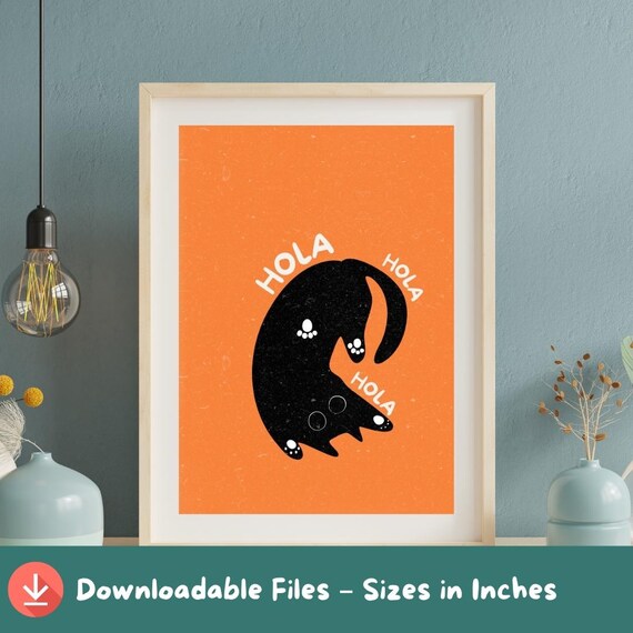 Hola Cat Upside Down Playful Black Kitty Orange Background Wall Art