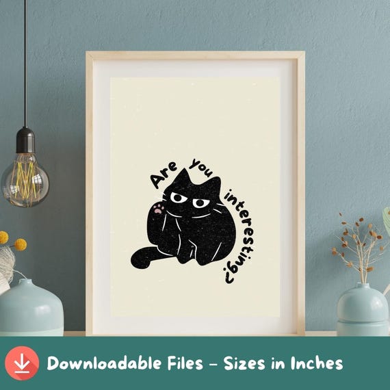 Funny Black Cat Poster Retro Minimalist Illustration A2a5 Sizes