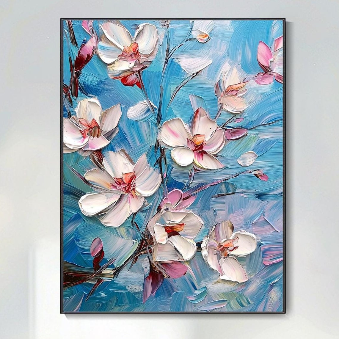 White Blossom Branches Turquoise Blue Impasto Floral Art Poster