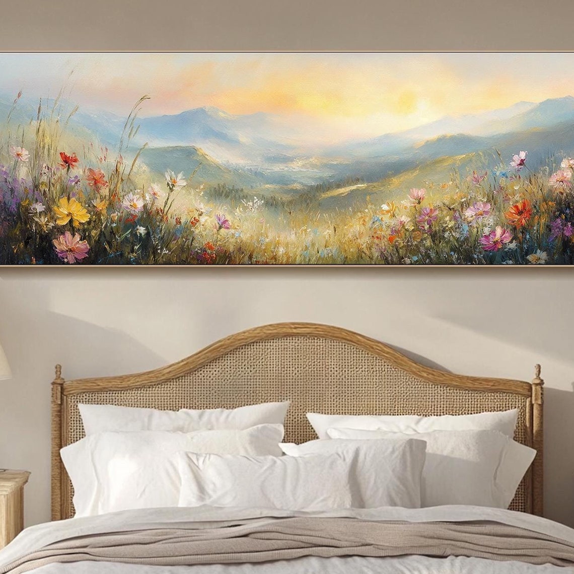 Golden Sunrise Over Wildflower Meadow And Misty Mountains Wall Art