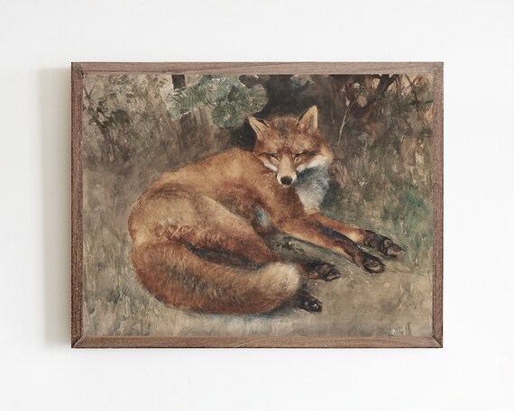 Red Fox Resting in Woodland Vintage Wildlife Watercolor Painting Poster