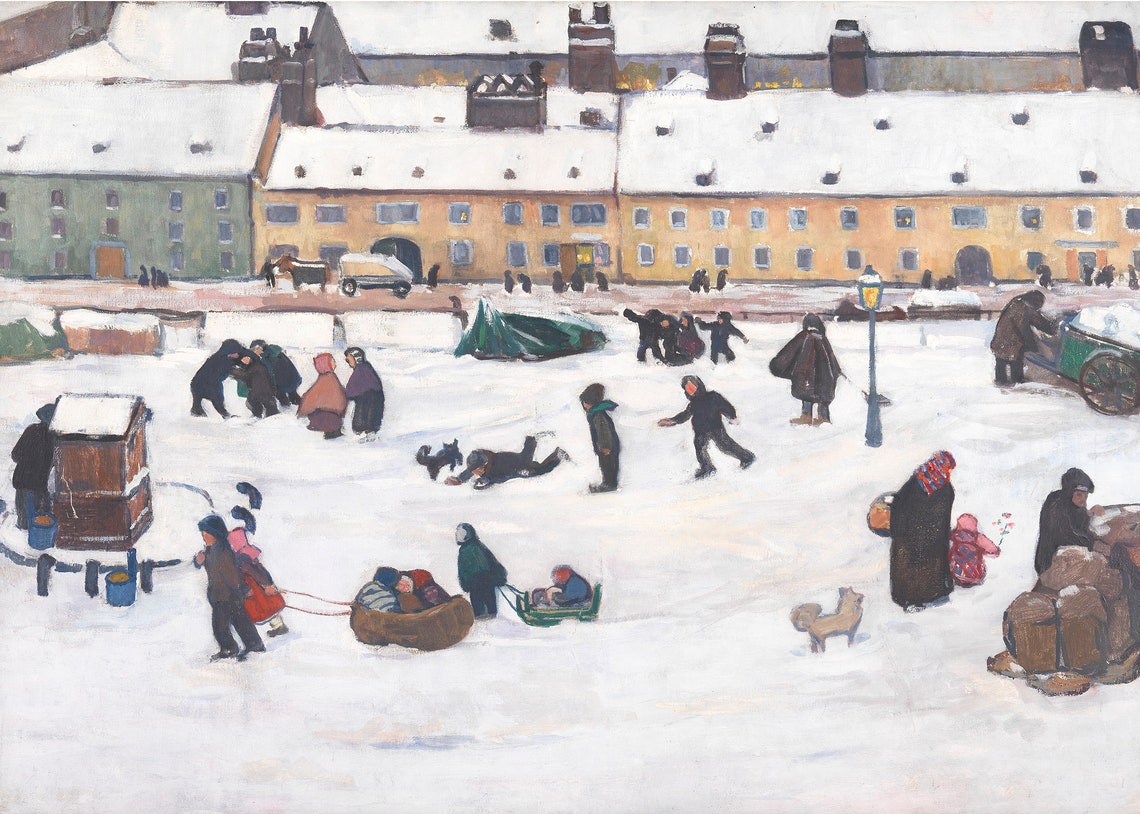Vintage Christmas Art Print Antique Holiday Wall Art Sledding Print Festive Holiday Art Print Winter Village Painting Snowy Painting - Image 2